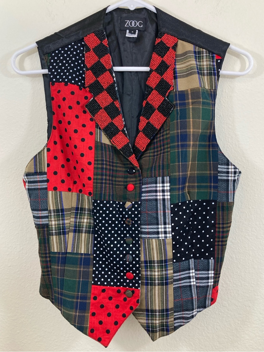 Vintage 80s 90s ZOOG Handmade Patchwork Vest Size S Beaded Boho Artisan Rayon